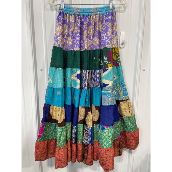 Patchwork Palazzo Pants One Size Tiered Floral Geometric Wide Leg Boho Hippie - Picture 6 of 7